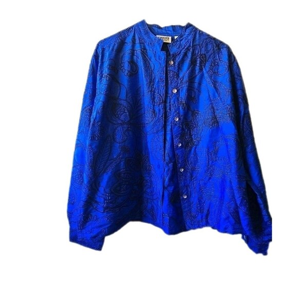 Chico’s 2 Women's Large Blue W Black Embroidered Vibrant Elegant Jacket Vtg Boho - Picture 1 of 10